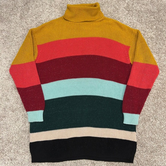 Farm Rio X Anthropologie Striped Turtleneck Tunic Sweater Metallic Flecks Large - Picture 2 of 8